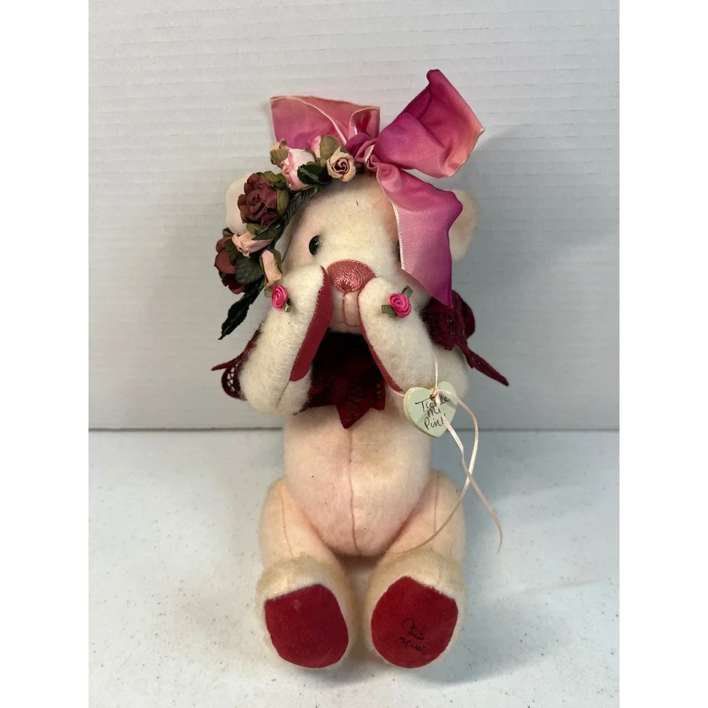 Chris Miller Tickle Me Pink Artist Teddy Bear Pink Bow Floral Crown Signed 12in
